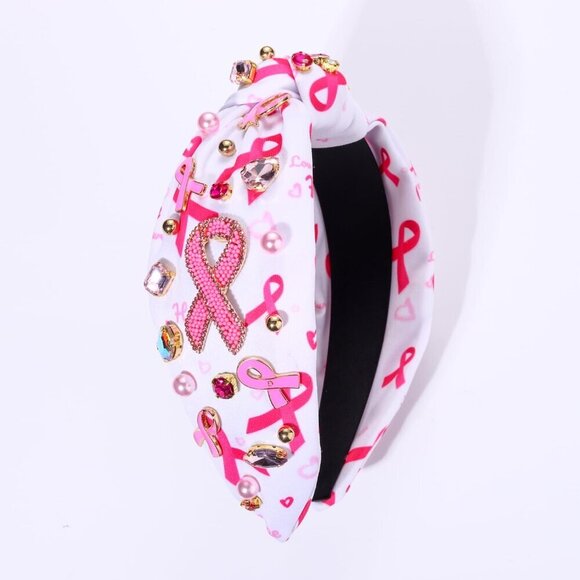 Pink Ribbon Headband for Women Breast Cancer Awareness Wide Top Knot Crystal main image 6
